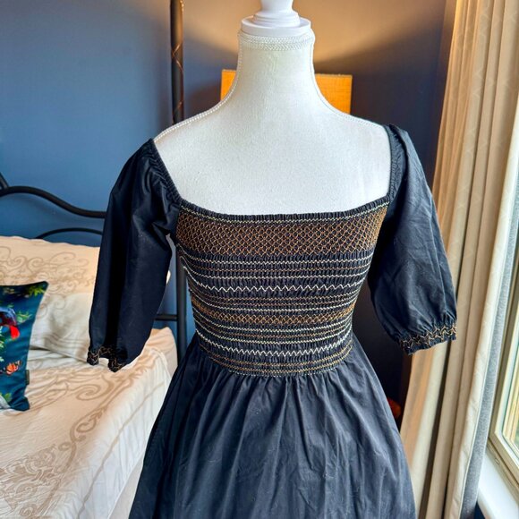 Old Navy Black Midi Dress w Tan Elastic Smocked Bodice - Picture 6 of 15